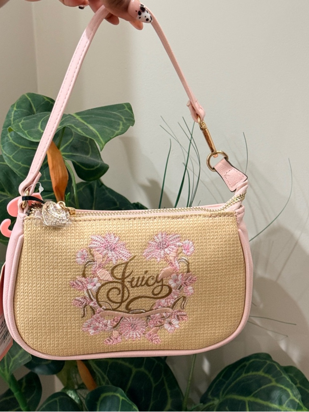 Juicy Couture Pink Trim Embroidered Floral Straw Mini Shoulder Bag